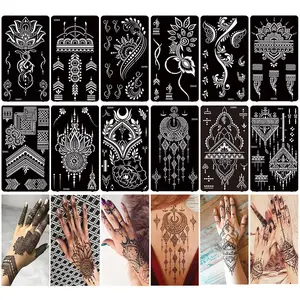 12 Sheets Henna Tattoo Stencils, Glitter Airbrush Hand Temporary Tattoo Stickers Indian Arabian Self Adhesive Tattoo Templates (S5-12P)