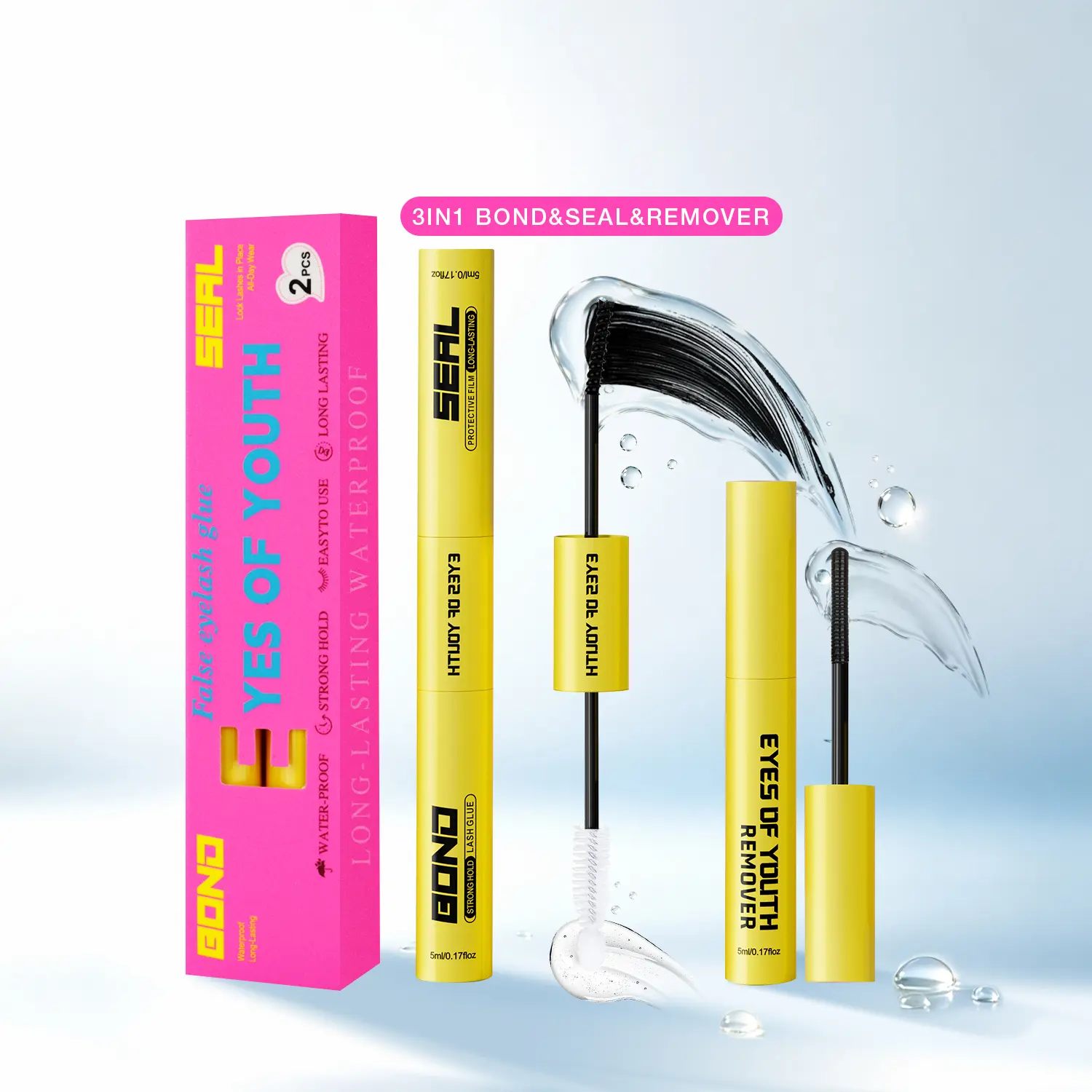EYES OF YOUTH 3-in-1 Lash Bond&Seal&Remover, Waterproof Long-Lasting Latex-Free Quick-Dry Black Adhesive for Sensitive Eyes, DIY Home Use Beauty Products for Lashes Clusters