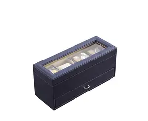 Blovely Well 9.3" Long Tempered Glass and Leather Jewelry / Watch Display with Drawers, Blue
