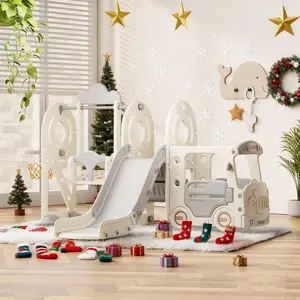 Seeutek 5 in 1 Toddler Slide and Swing Set, Kid Slide for Toddlers , Bus Themed Baby Slide with Basketball Hoop, Indoor Outdoor Slide Toddler Playset Toddler Playground，for Boys and Girls Birthday Gift Christmas Gift.