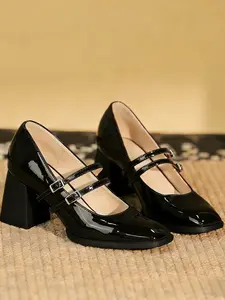 Women's Spring Summer Sexy Elegant Classy Mary Jane Buckle Chunky Heel Shoes, PU Leather Round Toe Breathable Office Commute Wedding Party High Heels