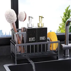 Kitchen Soap Dispenser Set with Sink Caddy, 12 Oz Glass Bottle, Hand and Dish Soap Dispenser Set with Sponge Holder, Black Stainless Steel Kitchen Countertop Sink Organizer Accessories Brush Rack