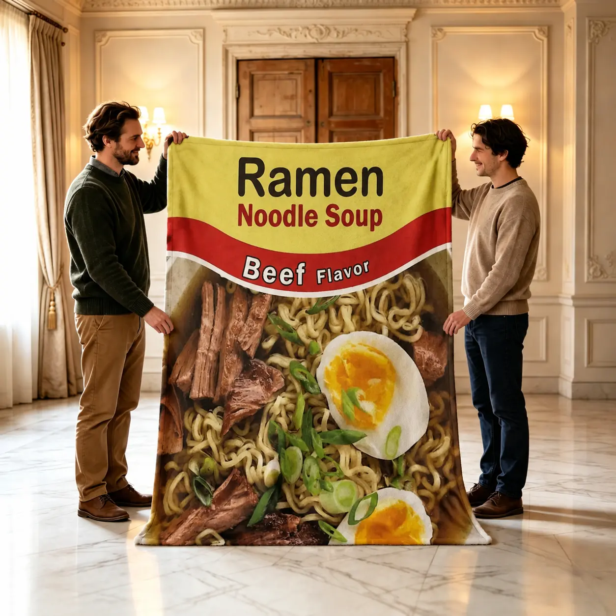 Instant Ramen Noodle Soup Beef Flavor Blanket｜Funny Food Fuzzy Plush Fleece Throw, Soft Cozy Microfiber Flannel Travel Blanket, All‑Season Home Decor for Couch Bed
