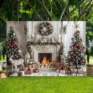 festive Christmas background cloth banner, Wall Hanging Backdrop, polyester material, white wall fireplace, Christmas tree, reindeer and other exquisite pattern designs, suitable for holiday decoration, Christmas, winter party, yard, garden decoration