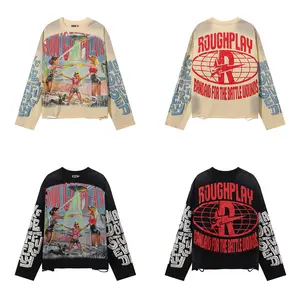 Ripped Rough Play T Shirts Men Women Loose Casual Streetwear Girl Desert Cactus Print Long Sleeve ROUGHPLAY Top Tee