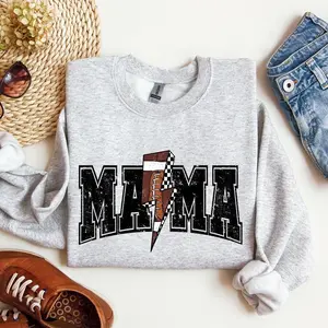 Mama, Lightening Bolt, Checkered, Football, Sports, Game Day, Big Game, Touchdown, Tailgate Party Sweatshirt, Women's Crew Neck, Crewneck