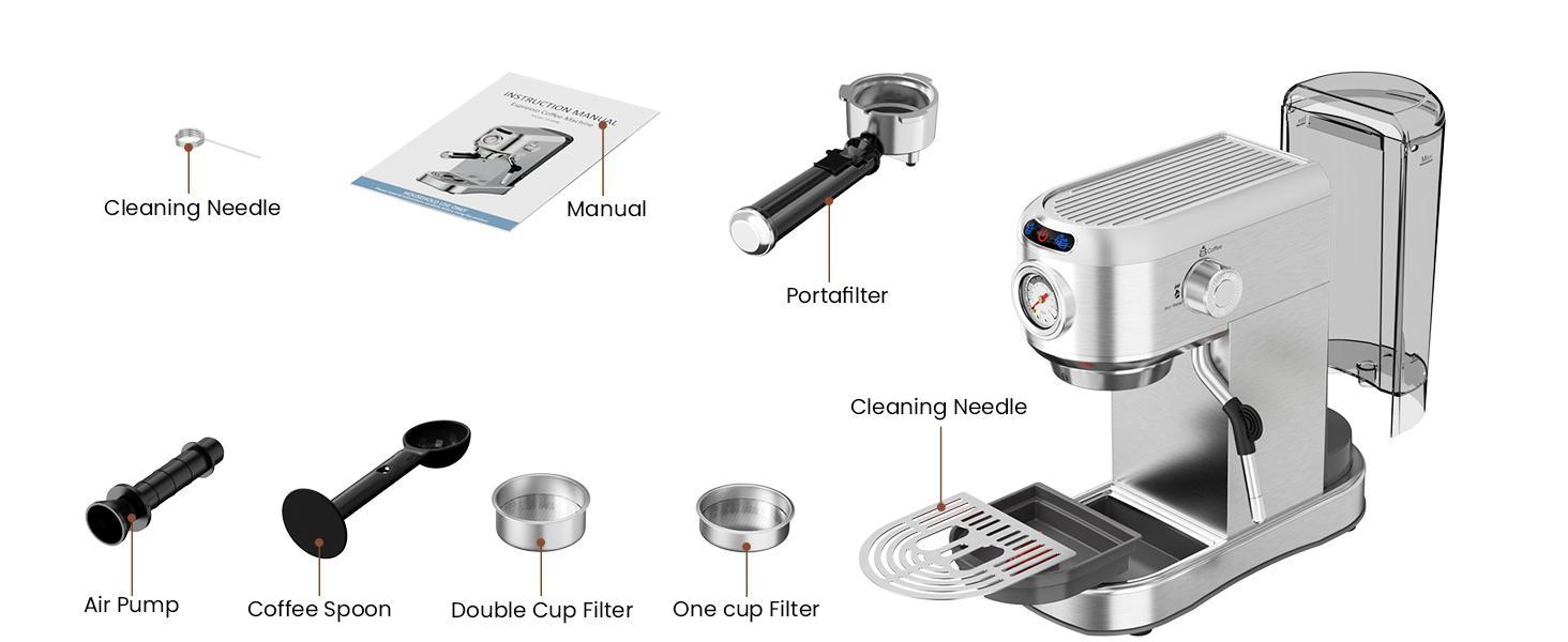 Semi-Automatic Stainless Steel Espresso Machine - 20 Bar, 1450W, 34oz Removable Tank, Small Footprint Household Personal Coffee Maker with Milk Steamer & Frother for Latte, Cappuccino Ready, Hot Water on Demand, Silver (Ideal for Birthdays, Father’s Day),