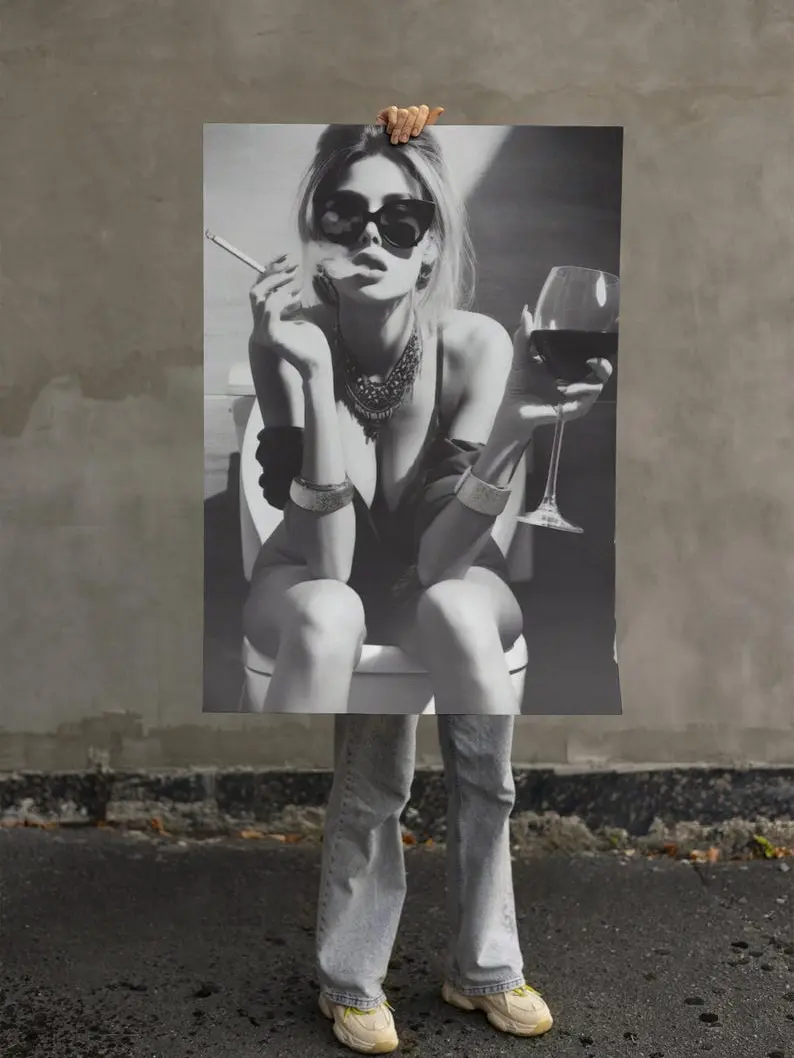 Girl On Toilet Poster Woman On Toilet Smoking And Drinking Wine poster Funny Bathroom Art Canvas Painting Posters And Prints Wall Art Angela