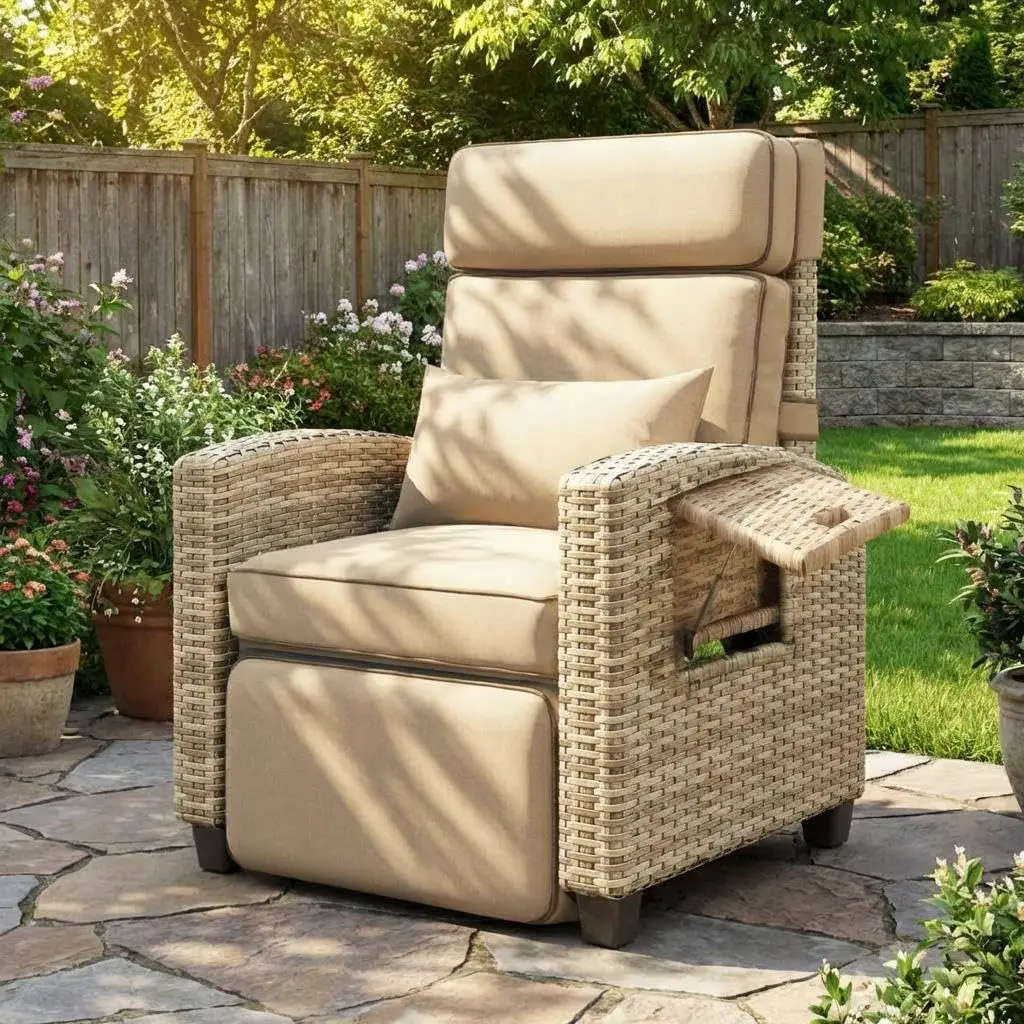 Garvee Outdoor Recliner Chair with Adjustable Backrest and Footrest, Flip-Up Side Table, Removable Cushion, All-Weather PE Wicker, Suitable for Deck, Balcony, Poolside, and Porch, Lay Flat Design