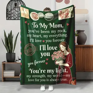 Super soft flannel throw blanket - "To My Mom" vintage airmail & mom-with-carnations art, emerald green, warm cozy for couch, bed & travel - perfect Mother's Day gift for mom, nana & family