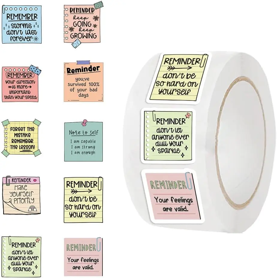 500 Pieces Inspiring Planner Stickers 1Roll Inspirational Quote Label Watercolor Motivational Encouraging Reminder Stickers Positive Words Seal Decals Adhesive for Phone, Book, Envelope (Reminder)
