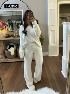 Women's Two-Piece Casual Set, Solid Color Long Sleeve Top & Elastic Wide-Leg Pants Pjs, Comfortable Minimalist Round Neck Sleepwear