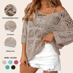 Imily Bela Womens Crochet Cover Up Top Summer 3/4 Sleeve Off Shoulder Sweater Shirts Mesh Boho Beach Swimsuit Coverup