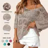 Imily Bela Womens Crochet Cover Up Top Summer 3/4 Sleeve Off Shoulder Sweater Shirts Mesh Boho Beach Swimsuit Coverup