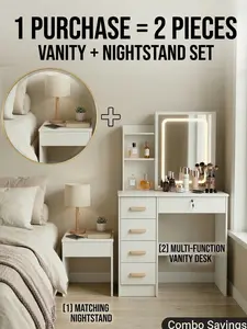 White LED Vanity Desk with Nightstand & Seat Function - 2 Piece Bedroom Set, Makeup Vanity with Mirror, Drawers & Open Shelves