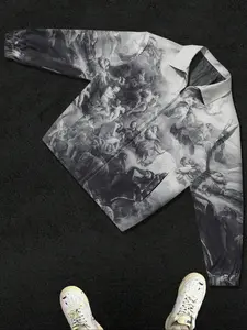 Men's Angel Print Zip Front Jacket, Regular Fit Casual Long Sleeve Outerwear for Fall, Fashion Men's Clothes for Daily Wear, Coats, Menswear