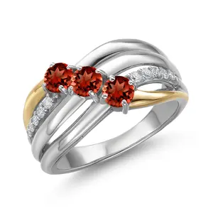 Gem Stone King 925 Silver and 10K Yellow Gold Red Garnet and Lab Grown Diamond Engagement Ring for Women | 1.26 Cttw | Round 4MM | Gemstone January Birthstone