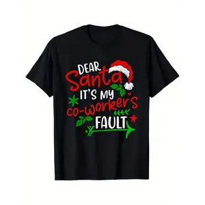 Funny Christmas T-Shirt - Dear Santa It'S My Coworker'S Fault - Office Party Tee With Santa Hat Graphic - Black Crewneck Shirt For Men & Women - Stretchy Hol