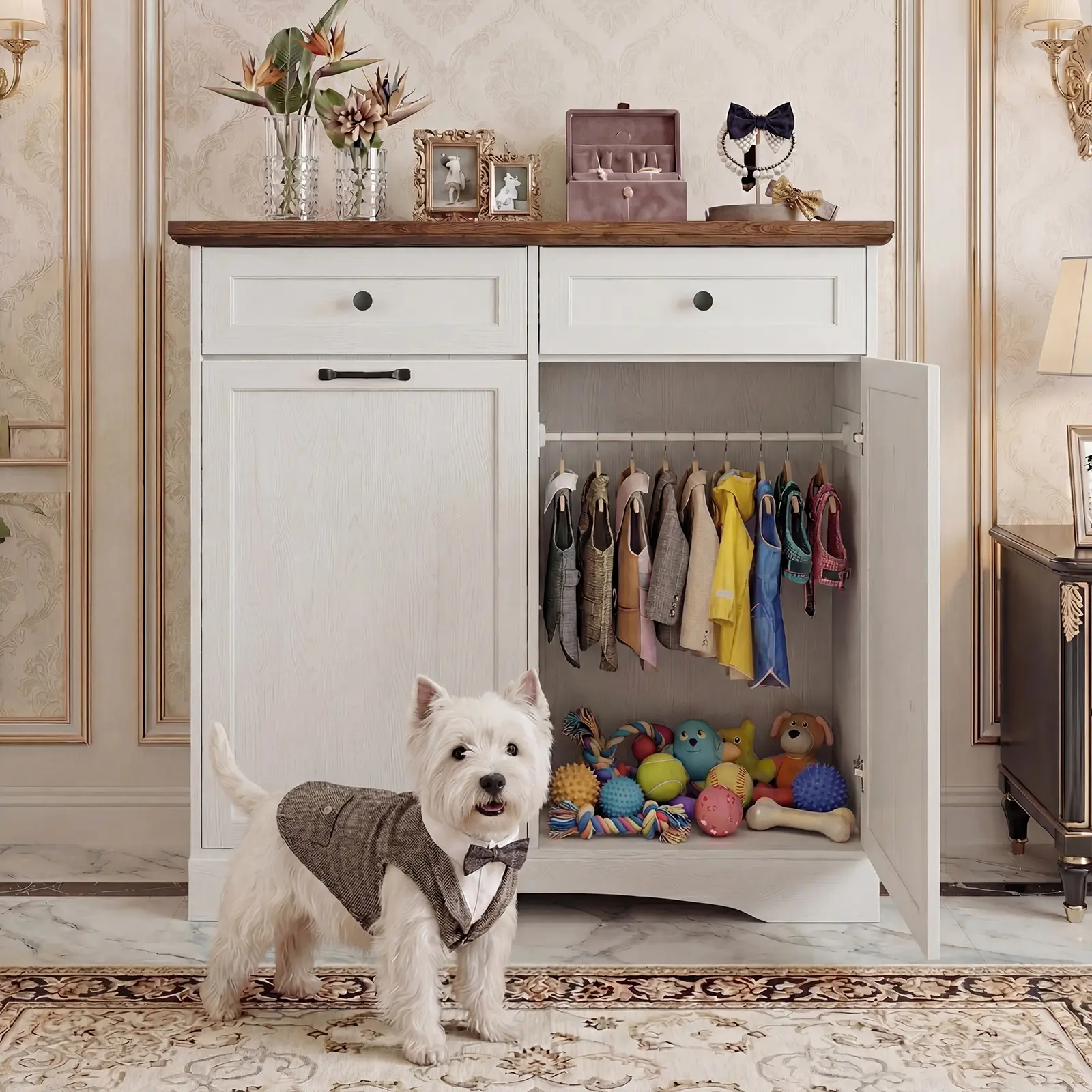 39.7”W White Grain Dog Food Storage Cabinet with Dual Doors, Tilt-Out Feeding Station, 4 Stainless Bowls, Storage Organization for Modern Kitchens
