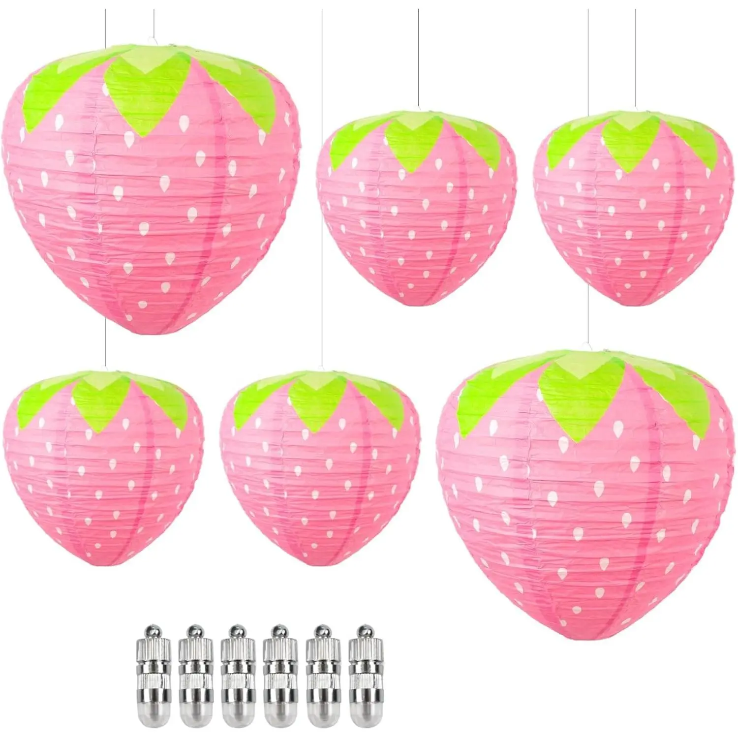Paper Lanterns with LED Lights for Strawberry Decor, 6 Pack Pink Hanging Lanterns for Kawaii Room Decor (12 & 8 Inch), Cute Core Bedroom, Strawberry Lamp, Party Decorations