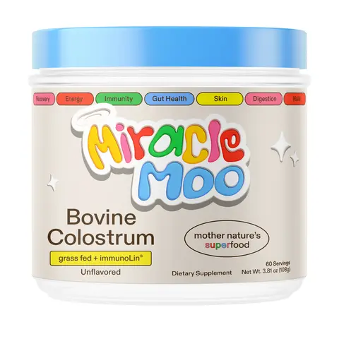 Miracle Moo Grass-Fed Colostrum Powder with ImmunoLin | Unflavored, Chocolate, Orange & Variety | Gut Health & Immunity