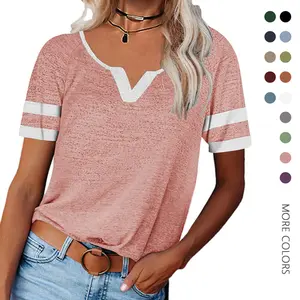 Danedvi Women's V-Neck Color Block Short-Sleeve Tunic Top - Slim-Fit, Loose, Casual, Sexy, Summer, Breathable Cotton Spandex Fabric, Versatile for Leggings, Streetwear