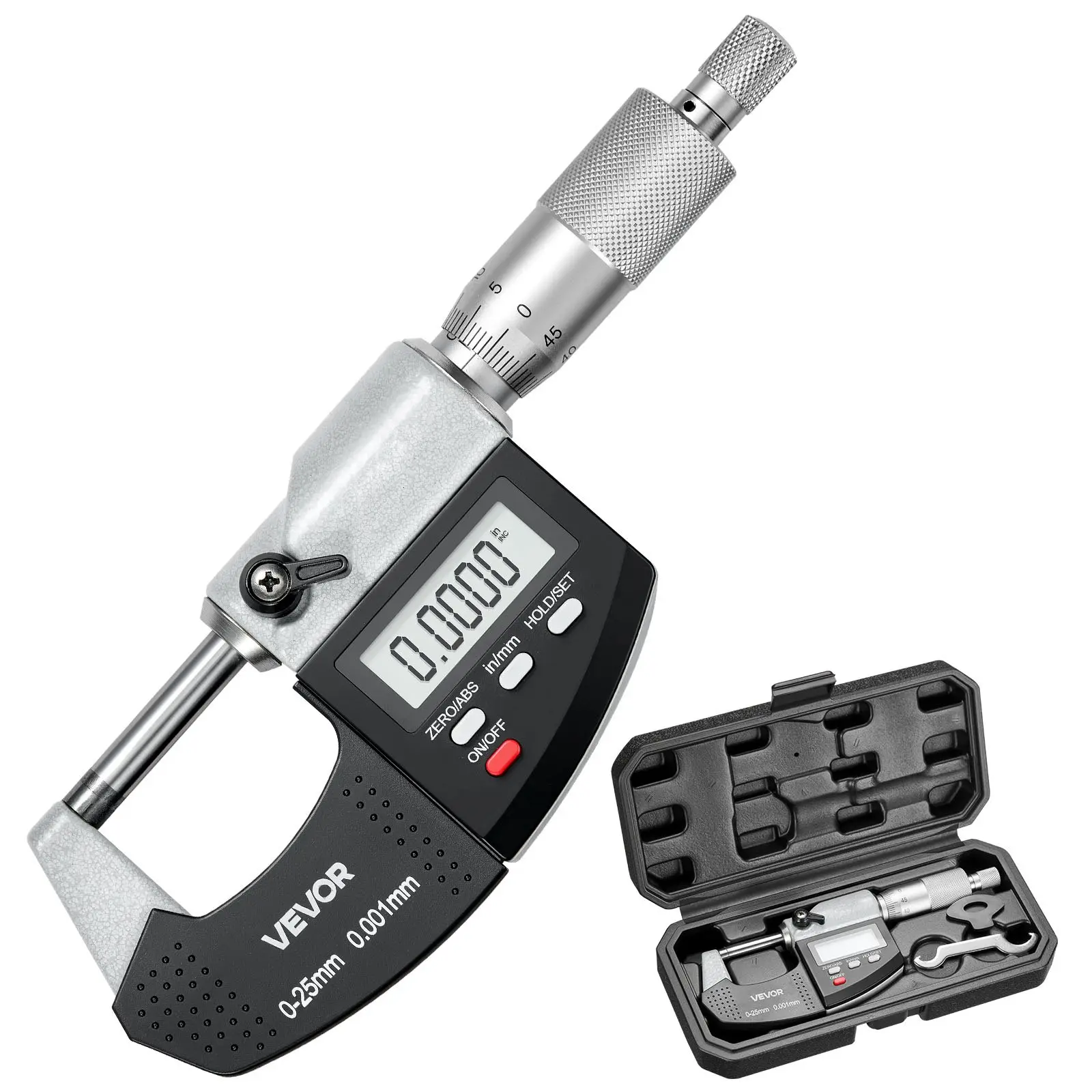 VEVOR Digital Outside Micrometer Set, 0-1 in Range, 0.00005 in Resolution, Ultra-Precision 0.0001 Accuracy, LCD Screen & LCD Display, Metric In/mm Switch, 1-Button, Carbide-Tipped Spindle, Battery-Powered, Hardened Metal with Protective Case
