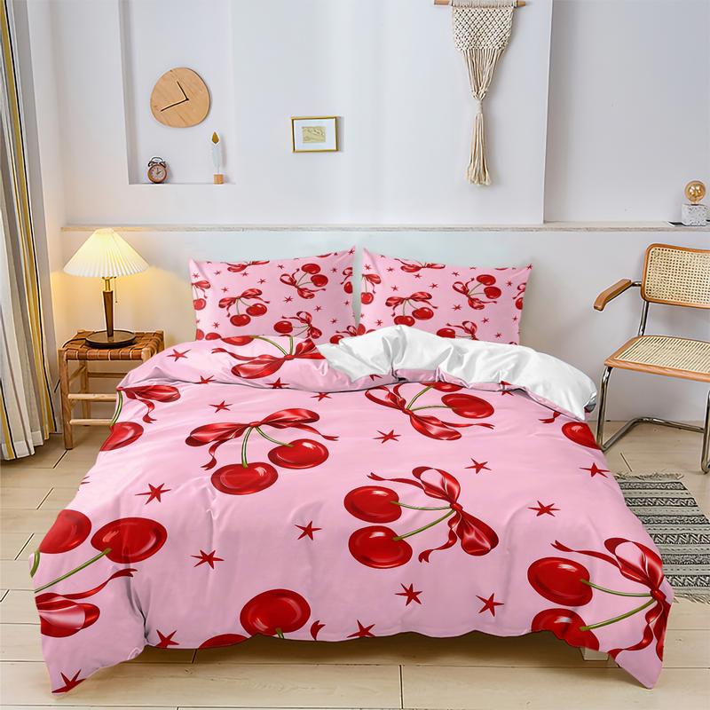 Pink cherry and bow print bedding set, cover and pillowcase combination, suitable for family bedrooms and hotels, Soft Bedding Set