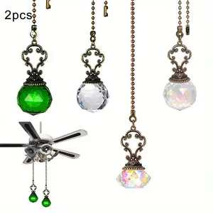 2pcs Vintage Crystal Ceiling Fan Pull Chains, Pendant Colorful Extender, Pull Chain Extension, With Connector Crystal Prism Ball, For Bathroom Toilet Light Ceiling Light Fan Desk Lamp, Rainbow Maker Outdoor & Indoor Home Garden Party Decoration