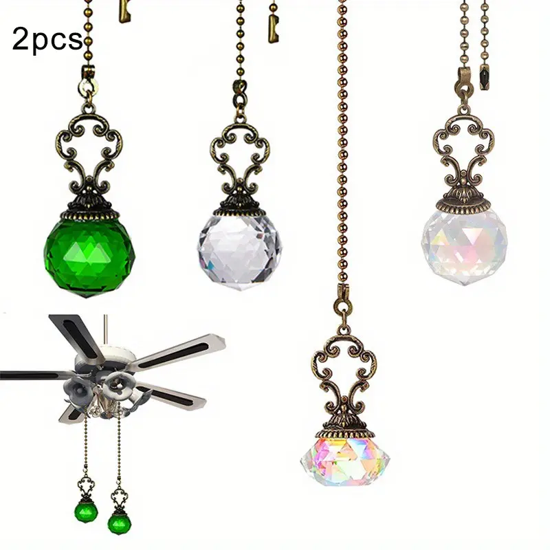 2pcs Vintage Decorative Crystal Ceiling Fan Pull Chains, Accessories, Pendant Extender, Pull Chain Extension, With Connector Crystal Prism Ball, For Bathroom, Light, Ceiling Fan, Desk Lamp, Rainbow Maker Outdoor & Indoor Home Garden Party Decoration