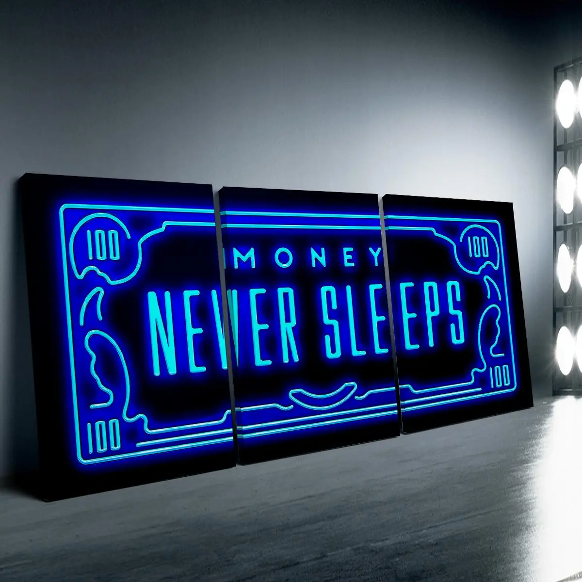 3pcs Wooden Framed Canvas - 'Money Never Sleeps' Neon Art Posters, Canvas Prints, Decoration Items, Decorative Artwork, Motivational Quotes Wall Art, Modern Wall Decor Living Room, Bedroom, Gift, Waterproof Canvas, Home Wall Art, Ready To Hang