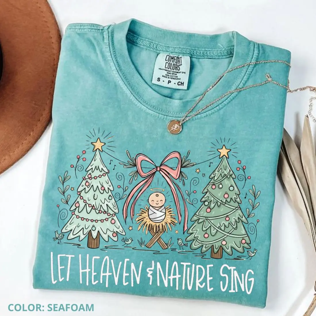 Comfort Colors Heaven and Nature Sing Shirt, Whimsical Christmas Nativity Bow Trees Shirt, Christian Nativity, Christian Christmas, Trending Christmas