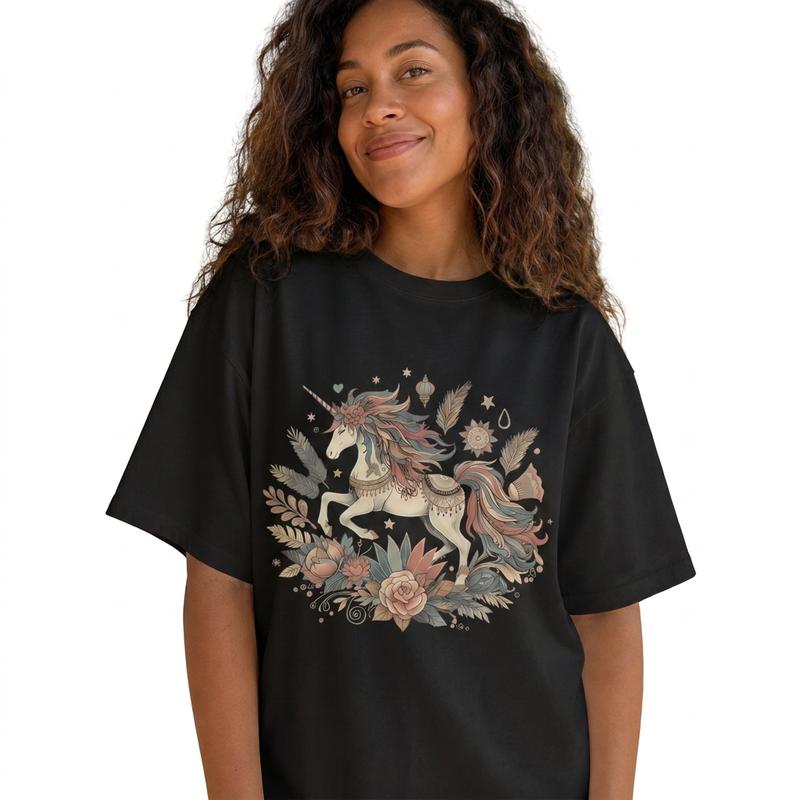 Whimsical Floral Unicorn Women's 100% Cotton Tee Boho Botanical Graphic T-Shirt