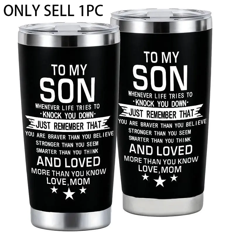 To My Son Inspirational "You Are Braver Than You Believe" Quote Design 20oz Stainless Steel Cup, Thermos Cup with Lid, Insulated Flask, Tumbler, Insulated Drinkware, for Iced Coffee, Cold Drinks, Perfect Gift for Son