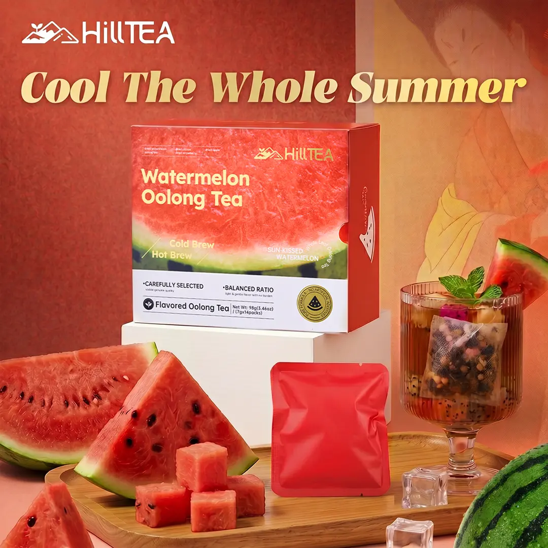 HILLTEA Cold Brew Watermelon Oolong Tea, Sugar Free Fruit Iced Tea with Real Watermelon & Oolong, Individually Wrapped, Fruit Floral Oolong, Summer Refresh Drink,14ct