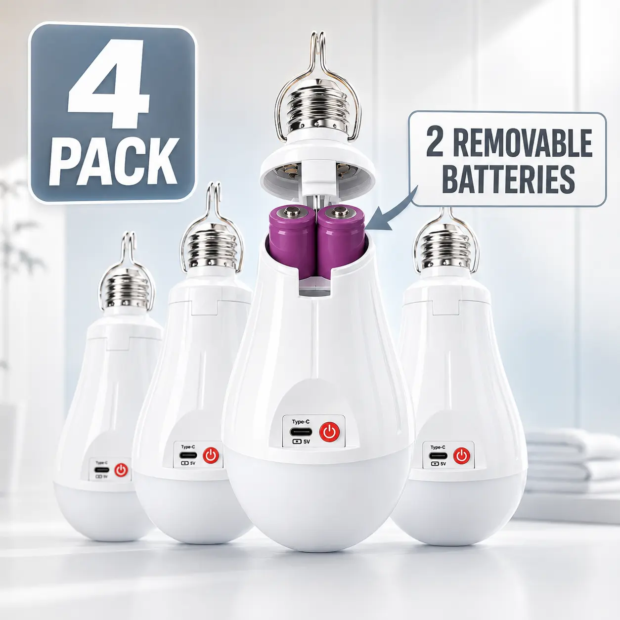 4 Pack Rechargeable Emergency Light Bulbs, Dual Removable Batteries, USB-C Charging, Hanging LED Lights for Power Outages & Camping