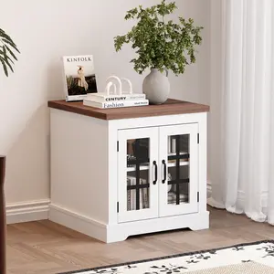 Walnut Top White Sideboard Buffet Cabinet Glass Door Storage Cabinet with Built-in Power Outlet Multifunctional Cabinet for Kitchen Living Room Coffee Bar