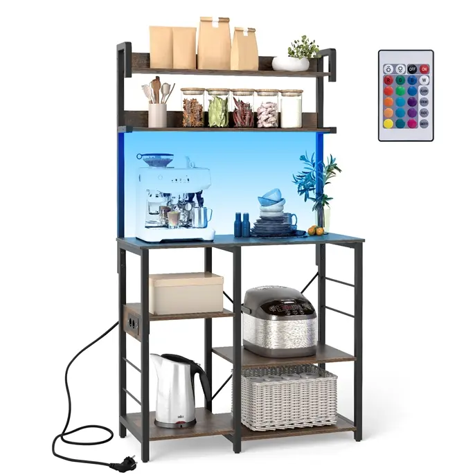 COSTWAY Bakers Rack with Power Outlet and LED Lights, Microwave Stand with Storage Shelves for Spices, Pots, Pans, Coffee Bar Station for Kitchen Dining Room Living Room