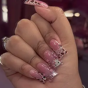 24 pieces of pink French leopard print ballet wearing nails, detachable false nails, ladies' manicure, enhance temperament, comes with glue, firm and not easy to fall off