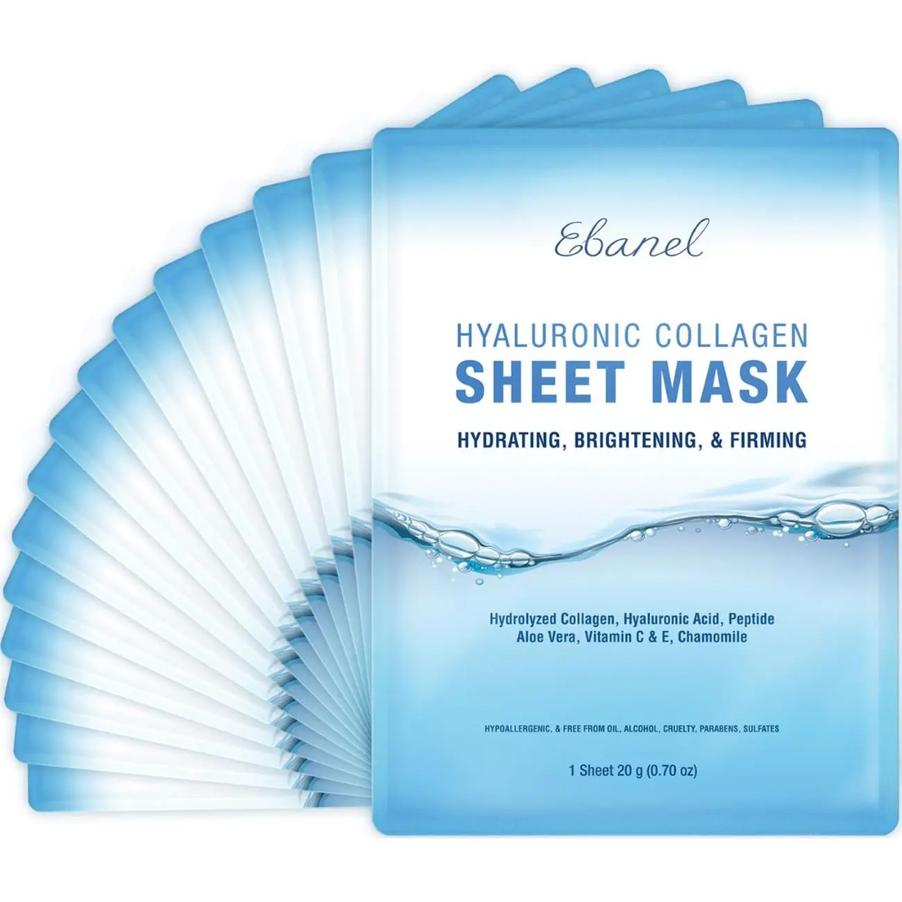 Ebanel Hyaluronic + Collagen Sheet Mask 15 Pack Firm Brighten Hydrate with Aloe Vera & Vitamin C for Radiant Skin Repair
