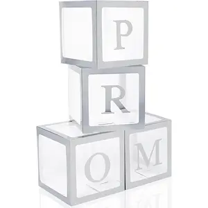 4 Pcs Prom Boxes with Letters 11.8 x 11.8 x 11.8 Inch Clear Balloon Boxes Transparent High School College Graduation Party Favors Supplies(Prom,Silver)