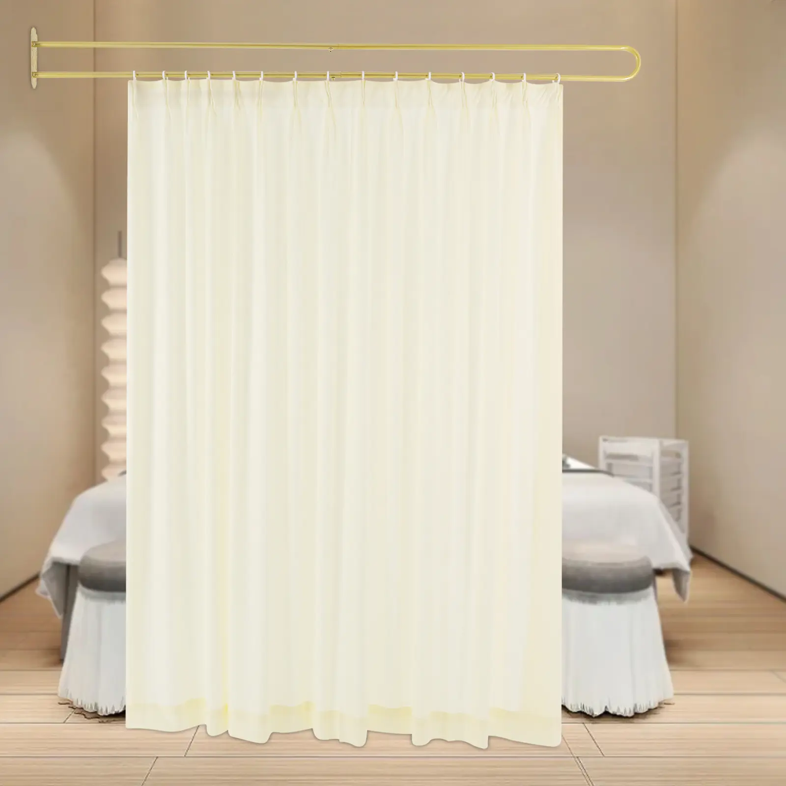 Modern Iron & Poly U-Shaped Curtain Rod with Plain Fabric Curtain (200cm, Wall Mount) - Indoor Furniture Room Divider for Office, Bedroom