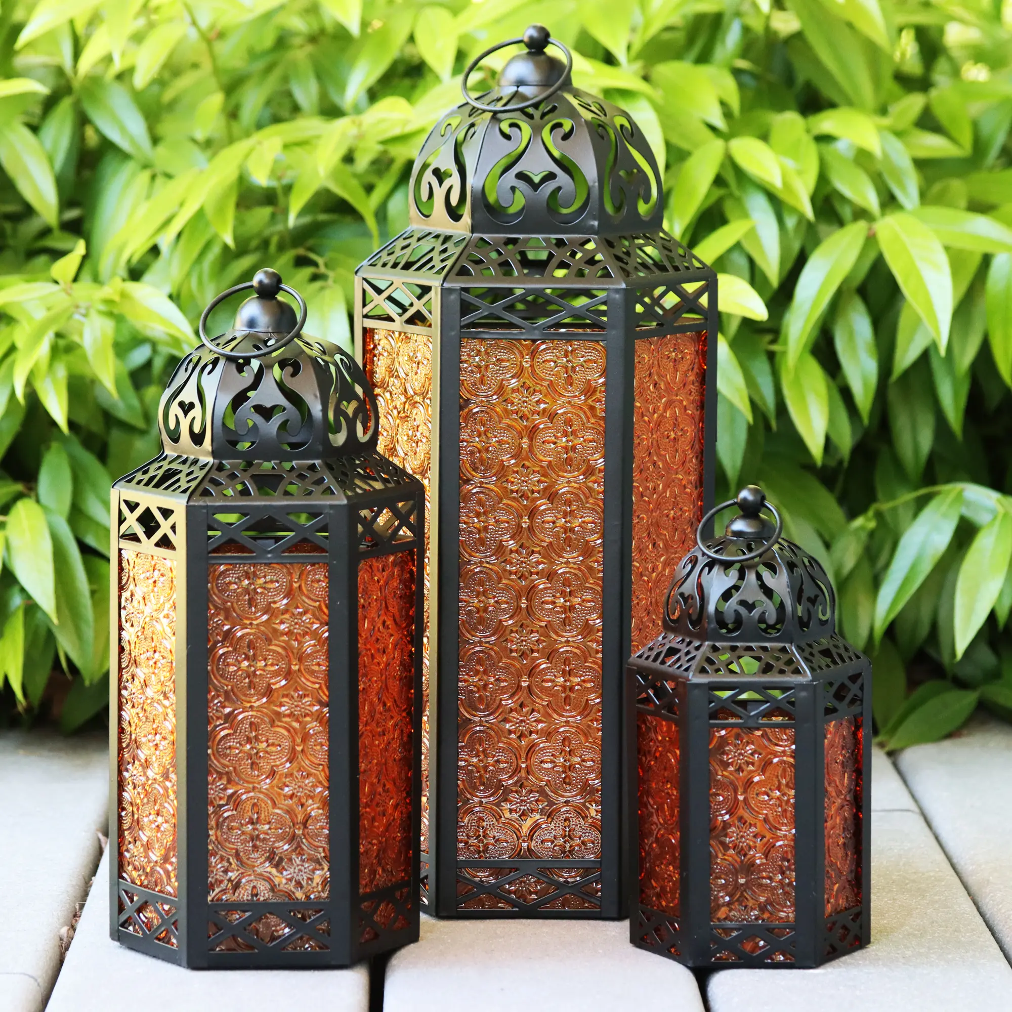 Vela Lanterns Moroccan Candle Lantern Decorative Set of 3 for Floor Ramadan Decorations Indoor Home Decor Outdoor Patio or Porch Weddings Extra Large Large and Small Lanterns