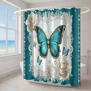 72x72 Inch 3D Butterfly Print Waterproof Shower Curtain Set, Easy Install Bathroom Accessories, Perfect Gift for Christmas & Holidays, Bathroom Shower Equipment