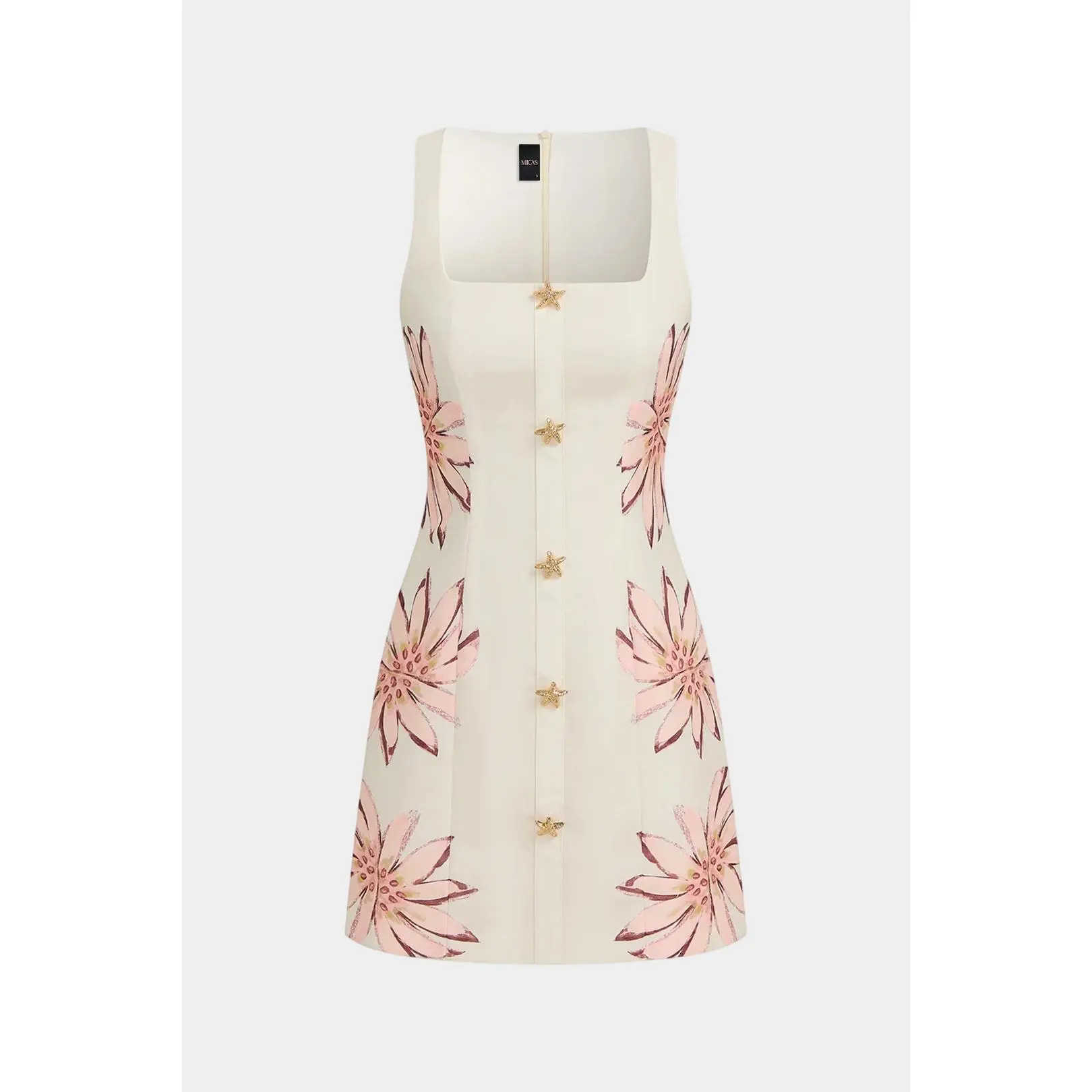 Floral Print Square Neck Metallic Button Sleeveless Mini Dress