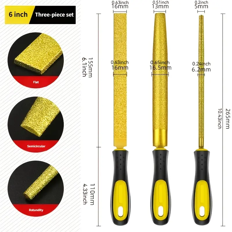 3Pcs 6-Inch Professional Diamond File Set - Superior Hardness, Sharp & Long-Lasting - Flat/Half-Round/Triangle Files for Metal, Jade, Wood, Jewelry, Model Making & DIY Crafts