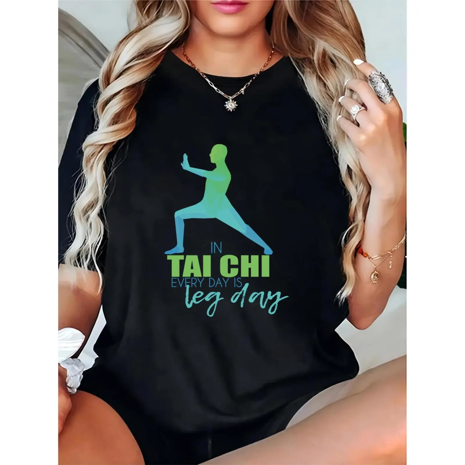 Women's Black Tai Chi "Every Day Is Leg Day" Graphic T-Shirt | Casual Fitness, Tai Chi Practice & Daily Wear Top for Enthusiasts