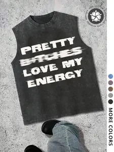 Men's Vintage Wash Letter & Portrait Graphic Print Sleeveless Vest, Casual Summer Fitted Fit with Comfortable Knit Fabric, Trendy Aesthetic Outdoor Sportswear