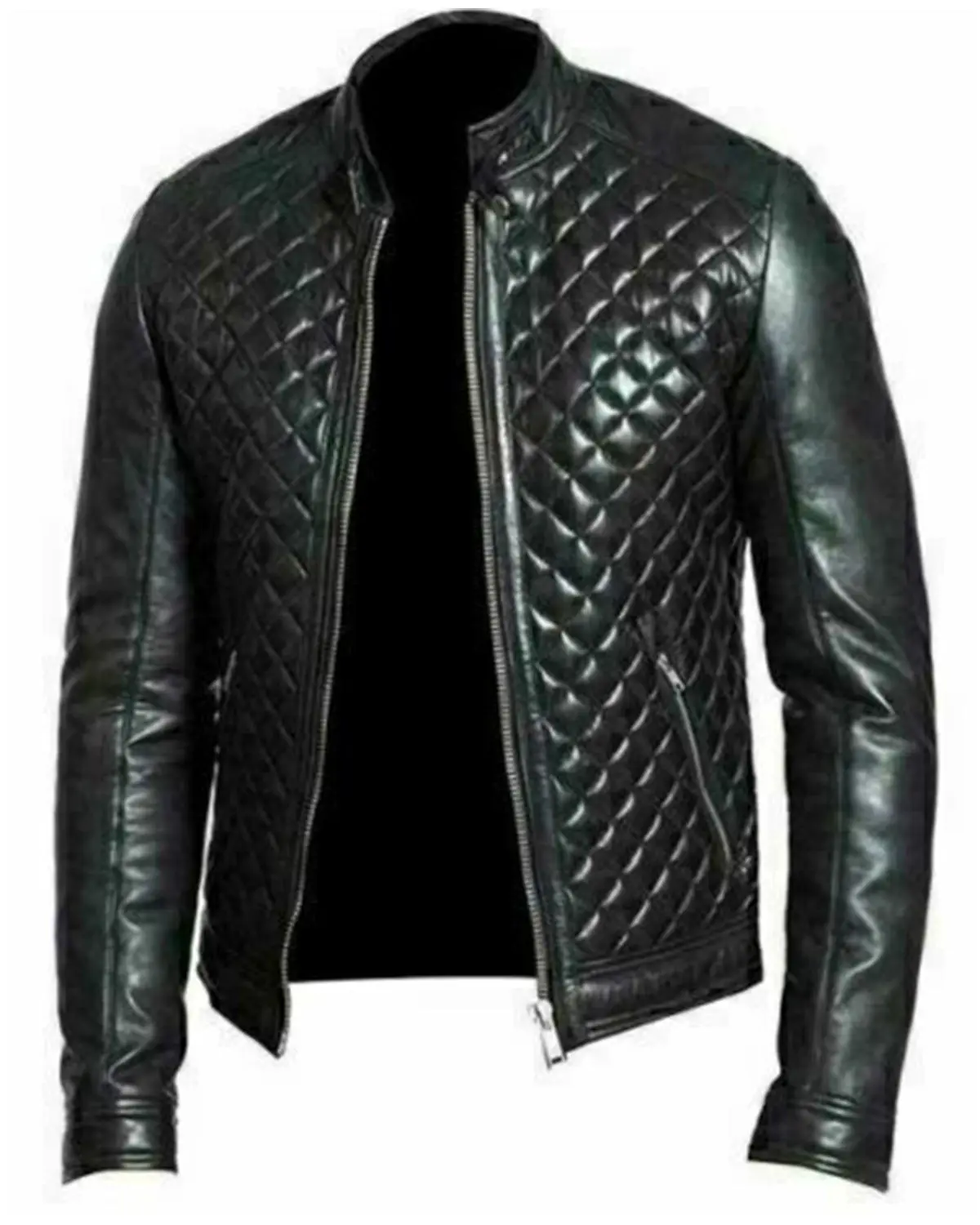 MotorCycleJackets Men's Quilted Black Cafe Racer Real Sheepskin Leather Jacket