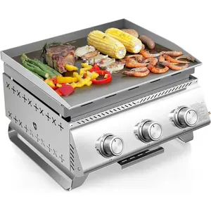 R.W.FLAME Portable Tabletop Propane Gas Grill 3-Burner Stainless Steel with Large Detachable Griddle,24,000 BTU Compact Camping BBQ Grill,18.9"x15.6" Cooking Area
